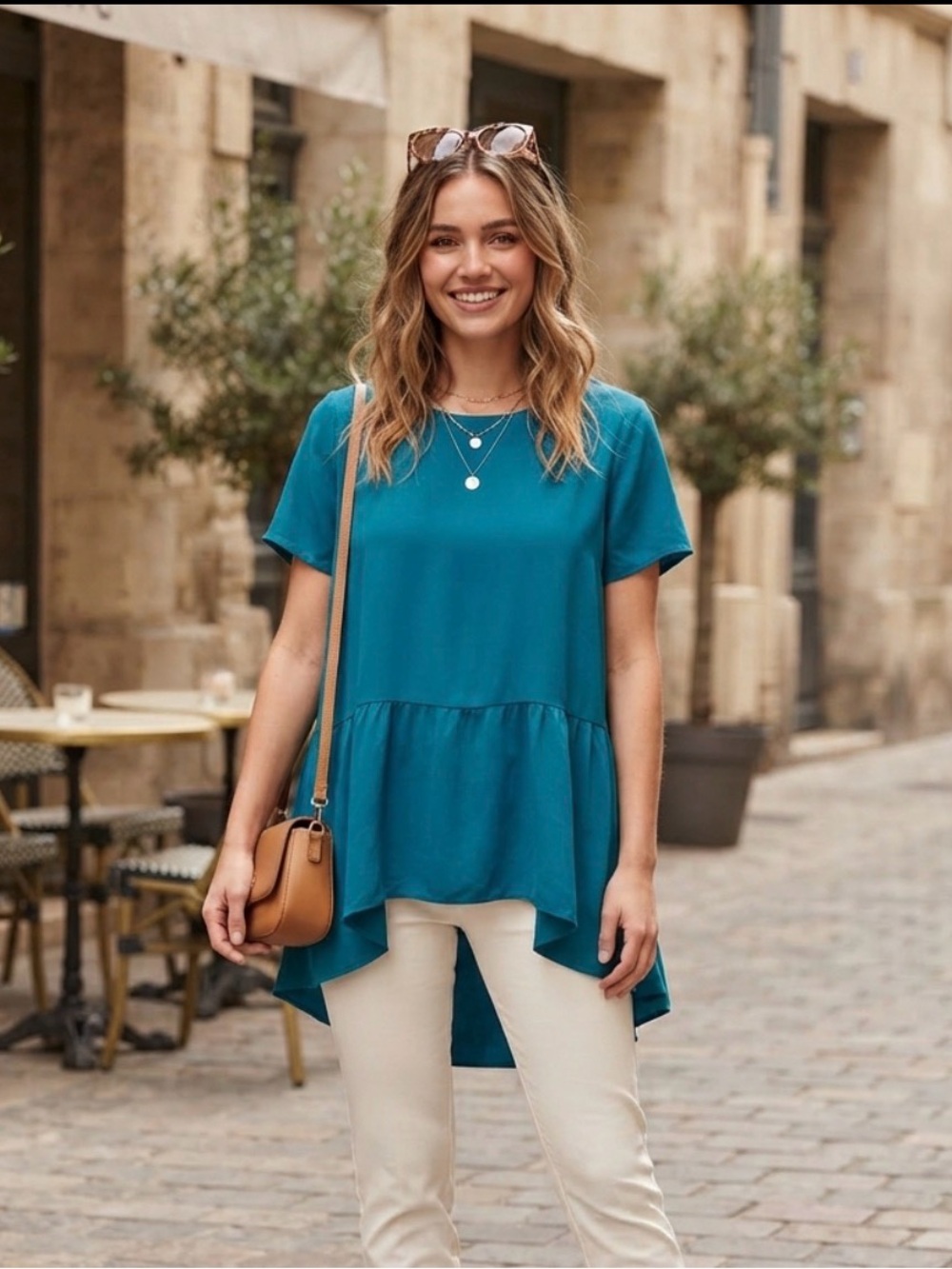 Pleione Teal High-Low Peplum Short Sleeve Tunic